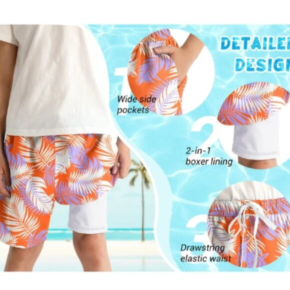 New Boys Swim Trunks with Compression Liner - Orange Plume Floral - Size 8Y - Picture 6 of 8